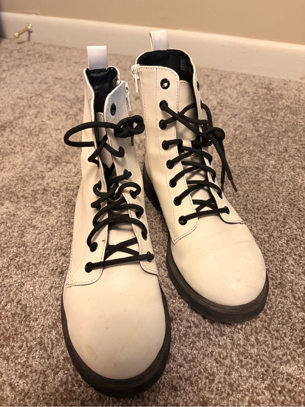White Lace-Up Combat Boots with Black Laces